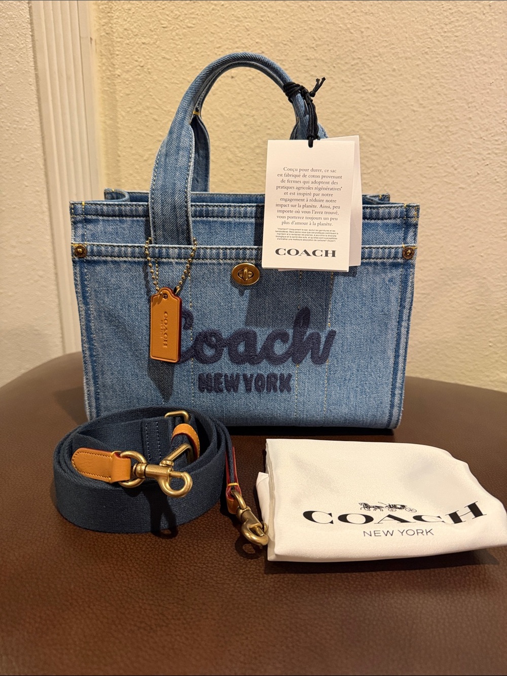 COACH Blue Denim cargo T 26”Embroidered Tote with Tan Leather Tag